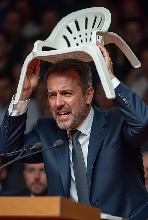 Make an image of Datena hitting Pablo Marçal on the head with the chair with the white plastic chair, during a political debate on television. Datena with an enraged face.  
