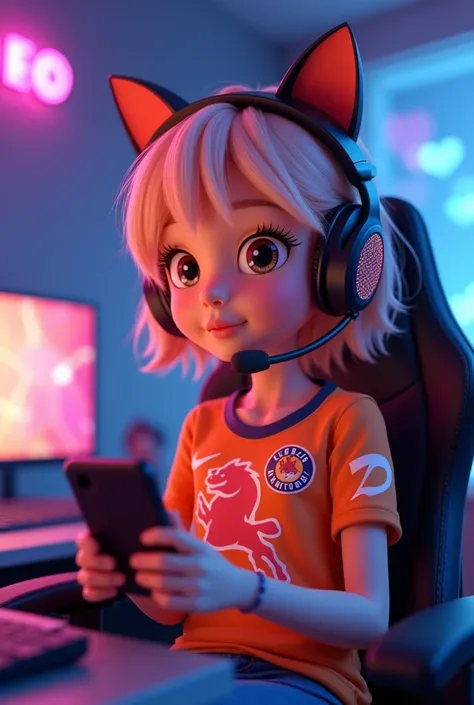 Disney pixar 3D design of a girl with a light peach hair, wearing a headphone with a cat ear design on it while shes on a gaming chair holding a phone. Shes also wearing a gaming jersey shirt with the zodiac sign of leo