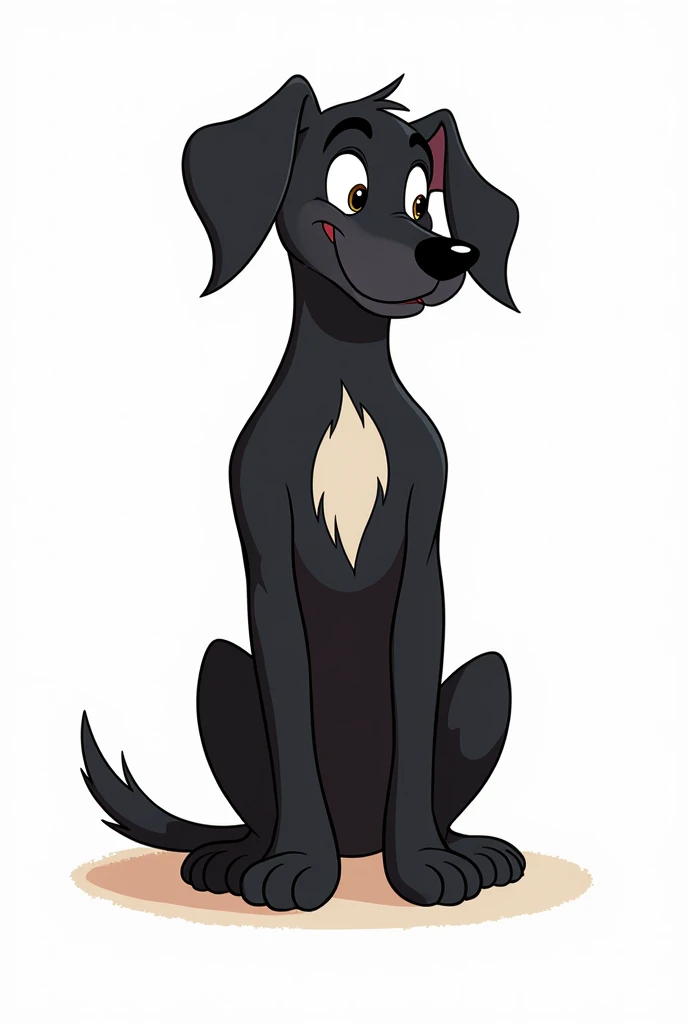 A Disney-style drawing of a large, thin, short-haired black dog with a white patch on its neck in a triangular shape against a white background with medium-sized, down-facing ears.
