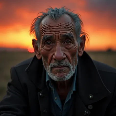 a sad wise old man looking at the camera, ao por do sol, cinematic