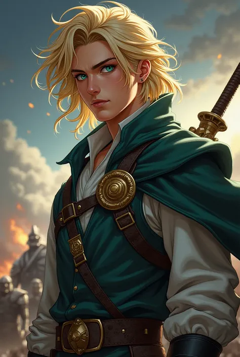 Create an illustration of Aedion Ashryver, a young man of around 2, blond hair, long and disheveled, that falls in waves to her shoulders. Her turquoise eyes, with golden rings around the iris, They shine brightly with a fierce and determined look. His tan...