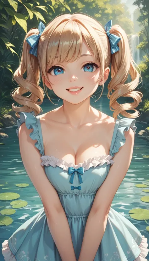 Ultra detailed, detailed cute eyes, Japanese, (cute girl), looking at the photographer, smiling, (curly blue and twintails hair), glossy lips, central image, perfect limbs, perfect anatomy, well-proportioned body, (ruffled summer dress), suggestive