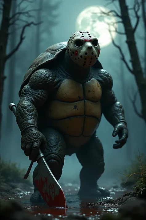 Create a detailed image of a menacing turtle inspired by Jason Voorhees from Friday the 13th. The turtle has a cracked hockey mask covering most of its face, with dark, haunting eyes peeking through. Its shell is battered, with scars and slashes, resemblin...