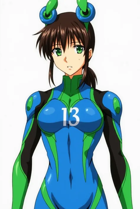 A brunette nasculine boy wearing a dark bright blue and green plugsuit from Neon genesis evangelion with number 13 on his chest. the boy has long hair tied in a low pony tail with green eyes and flat chest. he also has green and blue evangelion headpieces ...