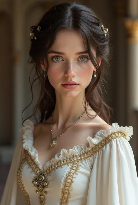 Create an 1 girl with dark brown wavy hair that reaches her shoulders, blue eyes, with a mole near her left eye, light skin, wearing a white wedding dress in medieval times and having the rank of queen 
