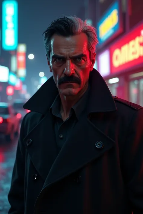 Wide angle lens, cool, like.H.I.and.l.d. man 50 years old agent., black eyes, wearing a black trench coat, in front of a cityscape with neon lights and cars, 8k, GTA V, sharp focus, (underground dispersion: 1.1), winning photo, Body image integer: 1.1, ser...