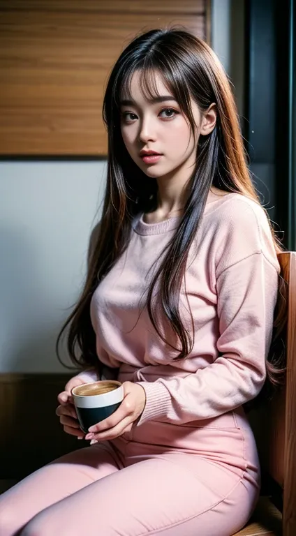 there is a woman that is holding a cup of coffee, anime girl in real life, realistic young anime girl, portrait of cute anime gi...