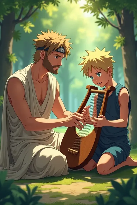 Depict Naruto Uzumaki as a  with spiky blonde hair and electric blue eyes, and Apollo as a 1 with light brown hair, green eyes, and no beard. Both are engaged in a musical training session in a tranquil forest setting. They are dressed in traditional Greek...