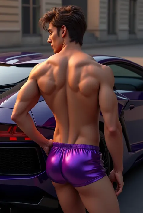 a handsome man with a nice perfect face, slim brown hair, short curly hair, soft white skin, sexy gay playboy with purple boxers made of shiny leather with a sexy buttock next to a lambolghini 