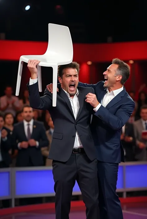  "data, Brazilian TV presenter, with facial expression of extreme anger, hitting Pablo Marçal&#39;s head with force with a white plastic chair, another man with an expression of surprise and pain. The scene takes place in a television studio during a polit...