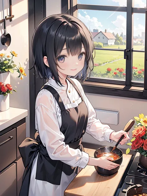 Best Quality、masterpiece、8k、Black Hair、Beautiful girl with short hair、Bright, sunny kitchen、Outside the window, a field of cosmos spreads out.、There are roses on the window sill、Smiling while making stew、A steamy kitchen