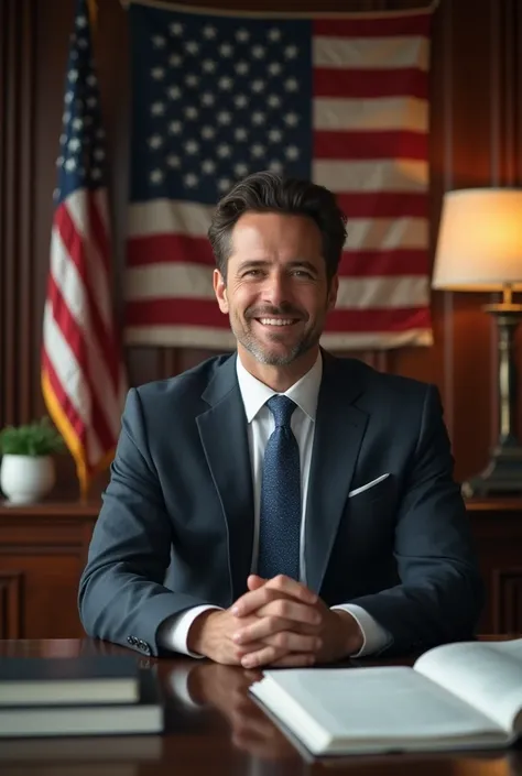 Create a photo of a 30-3 lawyer in his office with an American flag