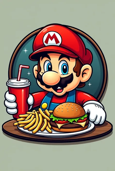 Logo of Mario eating a burger, fries and soda in a retro gaming themed restaurant 