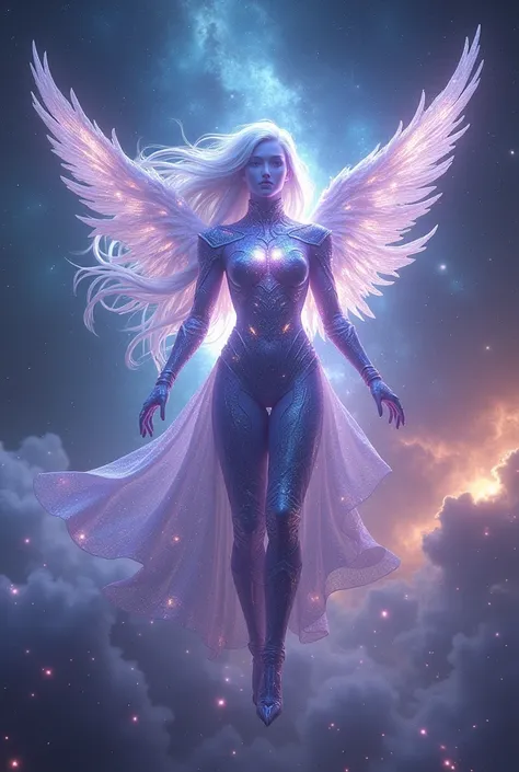 A cosmic guardian man, a heavenly being formed from stardust and interstellar light, ((mans body)) translucent bright, long hair, radiates shades of violet, blue, sparkling silver, distant nebulae, humanoid form, ((with knights armor)), ethereal wings made...