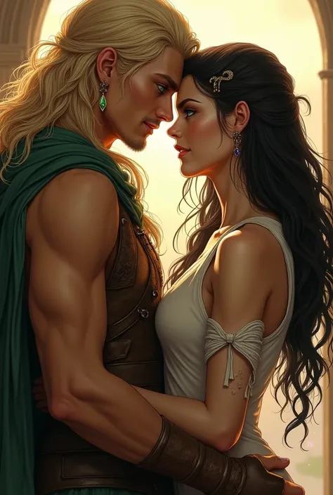 Realistic illustration of Aedion Ashryver and Lysandra Ennar in a scene full of tension and fun. Aedion, a tall man with long blond hair and turquoise eyes with gold rings, is standing in front of Lysandra, a human woman with dark hair and emerald green ey...