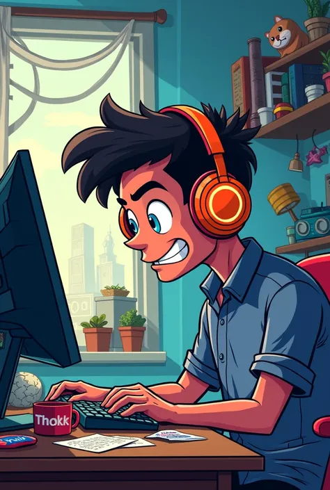 cartoon of programmer at a desk with headphones and using computer