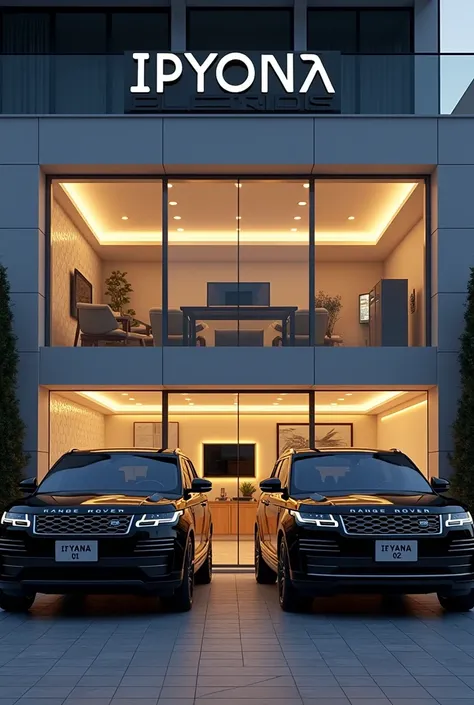 I sell all kinds of electronics like TVs, radios, and refrigerators. Create a 3D office design with the name IPYANA ELECTRONICS ITEMS, featuring bright lights outside. The office should have two black Range Rovers parked in front. The first Range Rover sho...