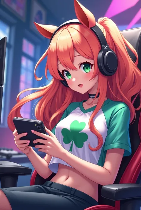 An anime style of a gamer girl in a gaming chair while playing on her phone. Shes wearing a cute crop top jersey with a design of clover in the middle of it. Shes also wearing a cute gaming headset with a car ear design on it. Shes a cute yet sexy girl wit...