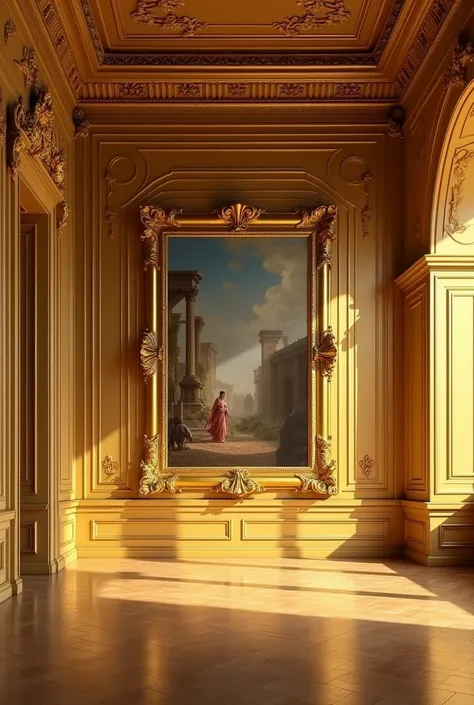 imagine moi une pièce dun château royal tout en or, dans cette pièce il y a au fond de la pièce un tableau majestueux , réaliste