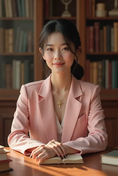 Beautiful teacher sitting at the table in a pink suit