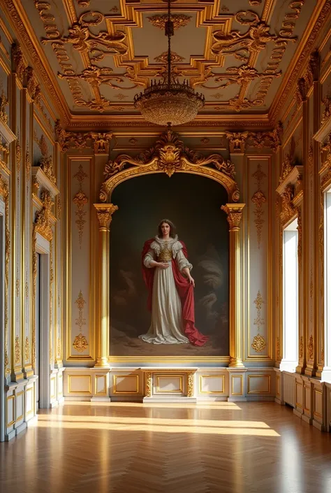 imagine moi une pièce dun château royal tout en or, remplis de détails. dans cette pièce il y a au fond de la pièce un tableau majestueux , réaliste