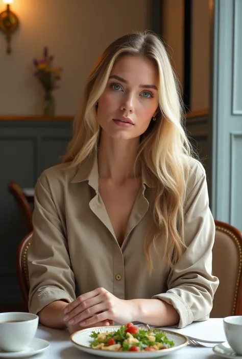 create a realistic image of a 20-year-old woman,
long blond hair, blue eyes, cheekbones, ((full body)),
sit at a table in an elegant restaurant for a lunch break after an afternoon of shopping. they are wearing the same elegant outfits as when they started