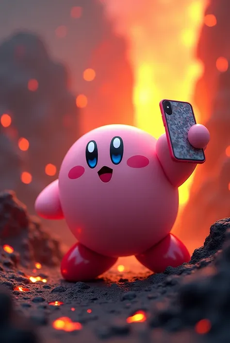 A very beautiful realistic DIXIT game style image featuring Kirby wearing heels and red lips taking a selfie inside a volcano.