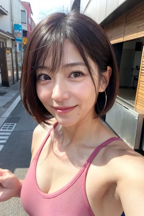 Best Quality, 8k, masterpiece, Photorealistic, Realistic, ((Selphy、Selfie))、50 years old,((An innocent smile)),Taking a break,Beautiful Japanese woman at work,Medium Hair,Facial wrinkles, ((Upper Body)), Yoga Wear,Medium Hair, Around town, (Viewer&#39;s pe...