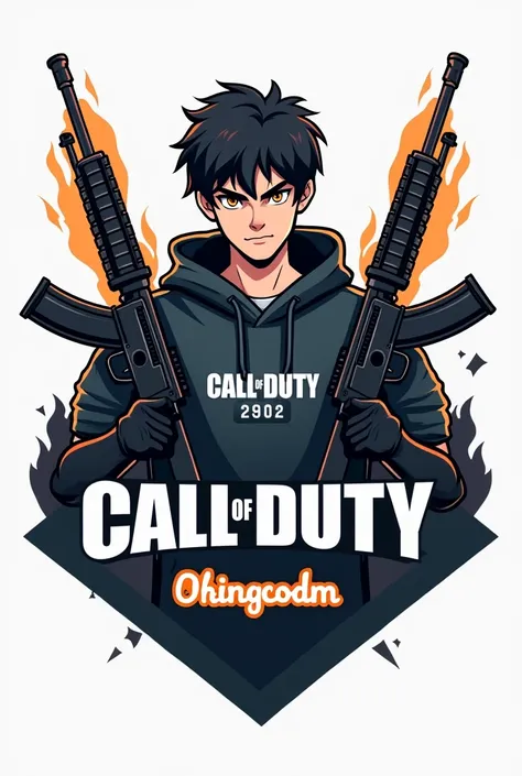 Creame un gamer logo donde el chico sea un chico gamer de cabello corto y negro con sudadera y la sudadera tenga un logo gamer que diga call of duty y el chico tenga dos fusiles para abajo y debajo tenga las letras ☆KINGCODM☆