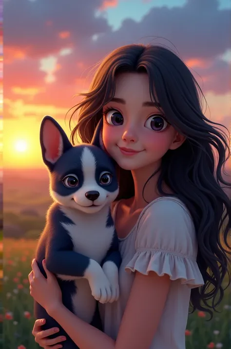 wavy hair girl , black eyes , smiling , with a French breed dog with navy blue and white fur , blue eye color , in the background the sunset 