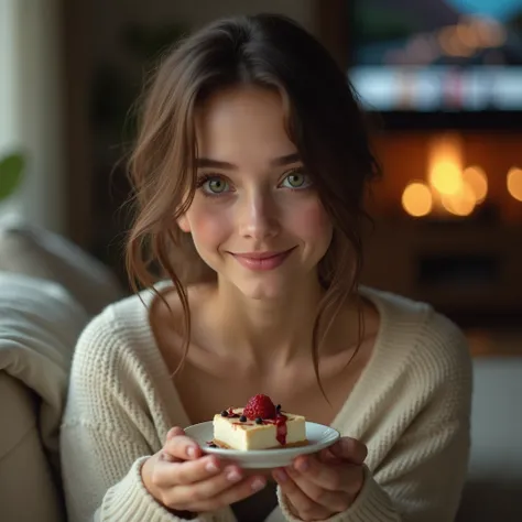 1 girl, beautiful detailed eyes, beautiful detailed lips, extremely detailed eyes and face, long eyelashes, green eyes, brown hair, sitting on couch, taking selfie, holding dessert plate, wearing comfy sweater and leggings, television visible in background...