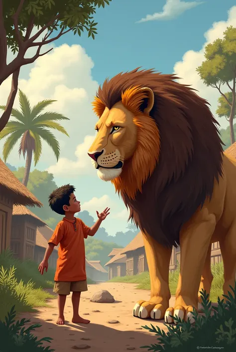 In a beautiful village where everyone lived together harmoniously, one day a lion arrived. The lion was very powerful and terrifying, and everyone in the village was afraid of him. The children of the village were also very worried about this lion.

One da...