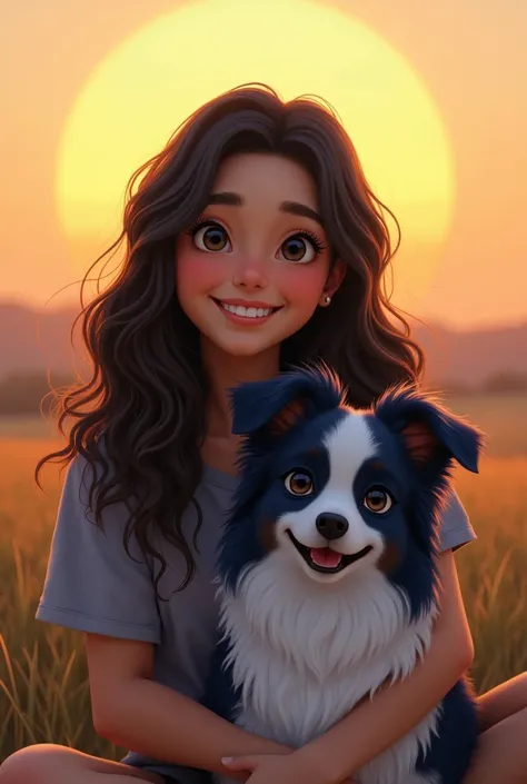 wavy hair girl , black eyes , smiling , with a dog sitting next to her that is a French breed with navy blue and white fur , blue eye color , in the background the sunset 