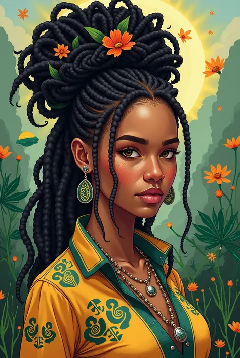 female character, of afro braids, inspired by Brazilian biomes, diversity, social knowledge and technologies