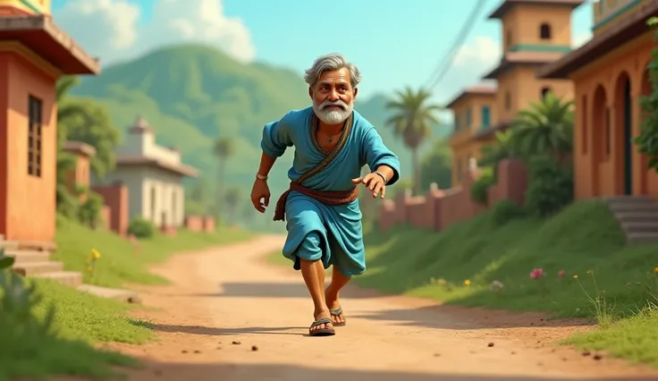 Generate 3d animated image of a Indian folk man in blue dress walking speedly