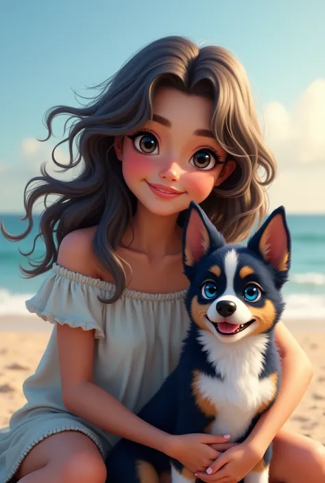 wavy hair girl , black eyes , smiling , with a dog sitting next to her that is a French breed with navy blue and white fur , blue eye color , in the background the beach