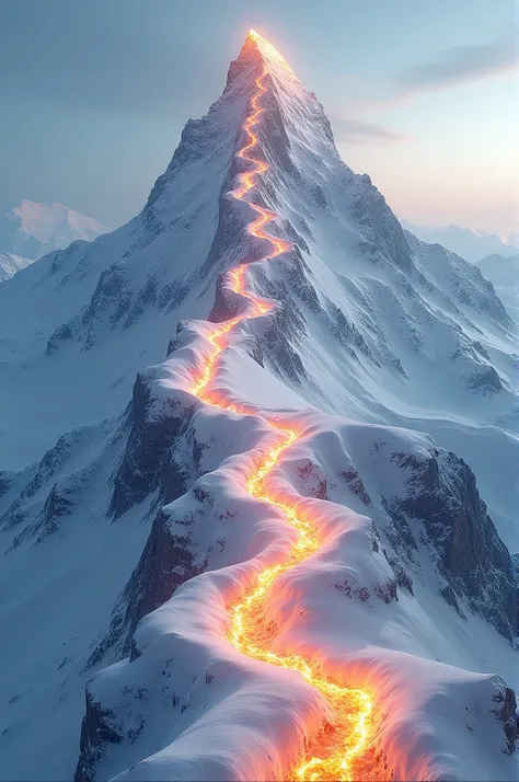 A photorealistic image with a nadir shot of a snowy mountain with a fire path leading to the top