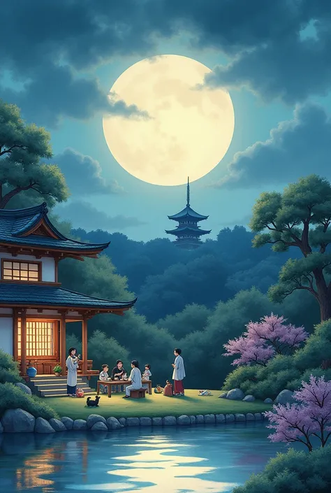 A peaceful Tsukimi celebration in Kyoto, Japan, with families and friends gathered at a traditional tea house overlooking a serene garden, enjoying dango and tea under the full moon, a calm cat sitting by a pond reflecting the moonlight, the iconic silhoue...