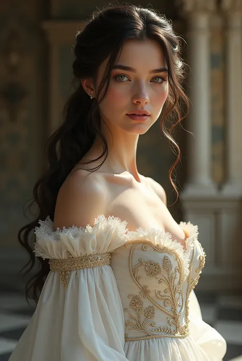 Create an 1 girl with wavy dark brown hair that is half up and reaches her shoulders, blue eyes, with a mole near her left eye, light skin, wearing a white wedding dress in medieval times and having the rank of queen 
