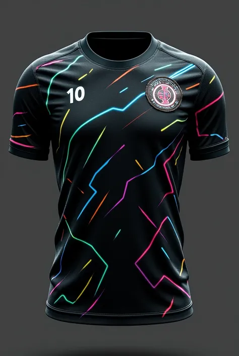 A black football shirt with thick lines of 4 neon colours covering the 80s % of the shirt simulating electricity with the small number 10 in the center of the chest, Badge on the left side.