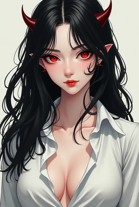 Manga, young, devil woman, white shirt, Black hair, ((red skin 1.3)), portrait. hard nipples