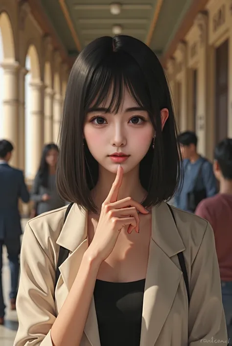 Japanese women, One person, Index finger raised to mouth, Straight hair to the shoulders, 8k, Realism, (Ultra-high resolution;1.4),  {Photorealistic:1.4}, The location is a museum, The outfit is cute