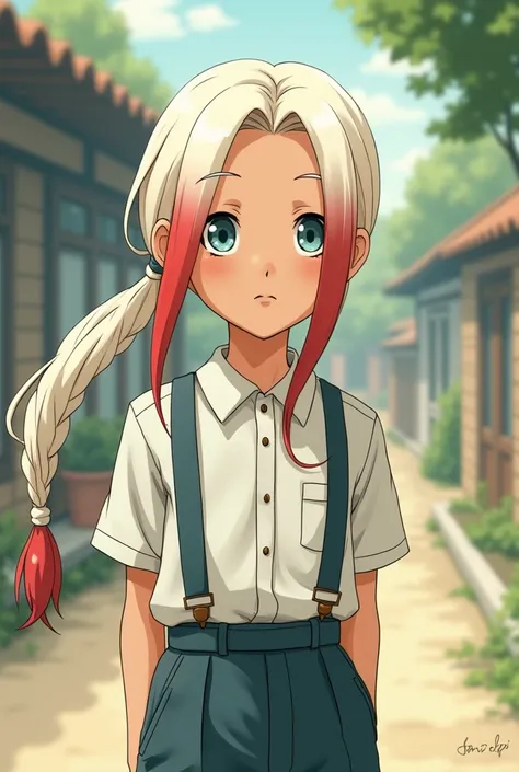 Site, Create me a drawing of a boy with long white hair, with red highlights at the end of the hair, brown skin, very light blue eyes, wearing a 1950s-1990s school uniform , in the style of Studio Ghibli 