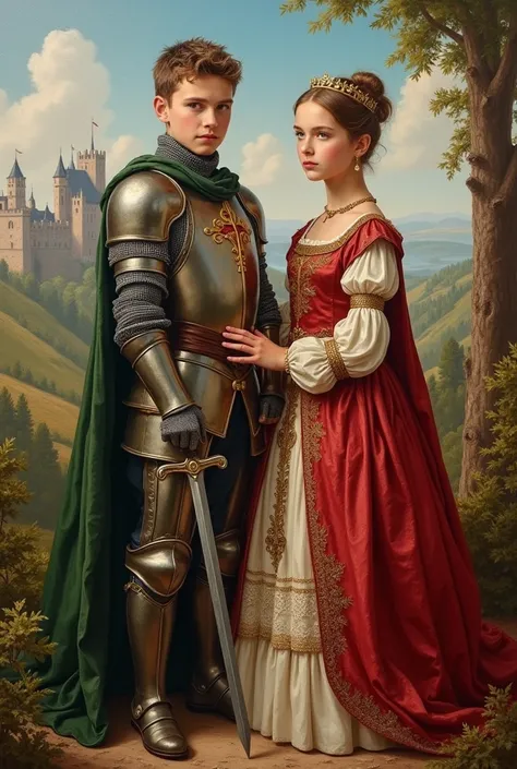 best quality, work of art, oil painting on canvas of two brothers, um casal, medieval era, fiction, he is a young knight and she is a young duchess