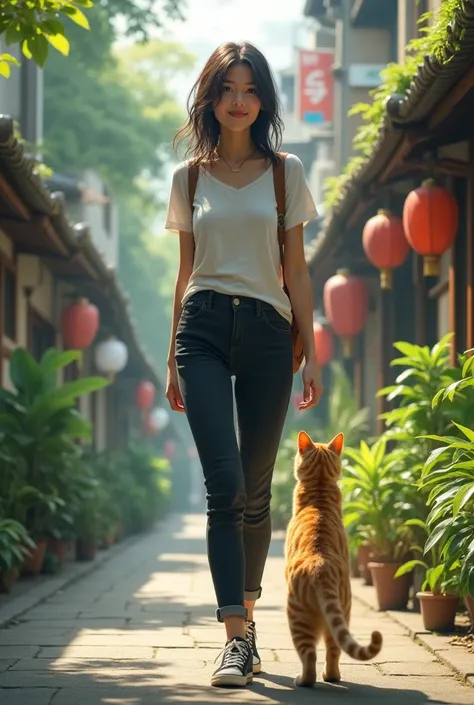 A thin white Brazilian woman with slightly long black hair and her yellow cat with spots are visiting the city of Tokyo in lush Japan., wearing a nice outfit with black jeans and black sneakers, with a close-up capturing the harmonious beauty of her natura...