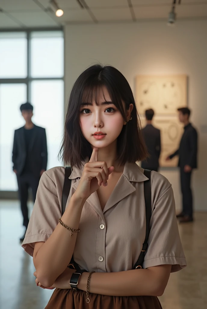 Japanese women, One person, Index finger raised to mouth, Straight hair to the shoulders, 8k, Realism, (Ultra-high resolution;1.4), {Photorealistic:1.4}, The location is a museum, The outfit is cute(background is clear), Don&#39;t blur the background, Ther...