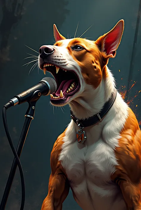 2d image of a bull terrier singing thrash metal (microphone as the only instrument).