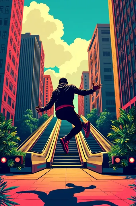 Generate a pop art style image of the city of Medellin that contains the following graphic elements ( coffee plants, escalators, a break dancer, the subway, and a title that says Urban Coffee) All this in the city of Medellin 