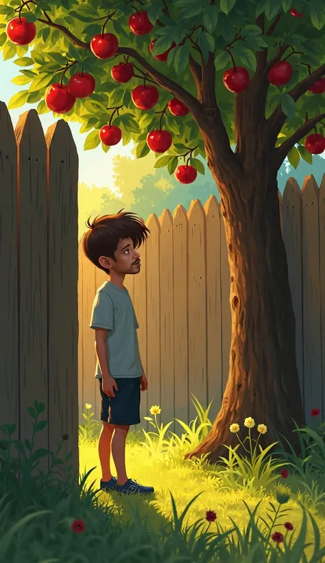 Richards, in the middle of playing, runs around the yard when something catches his attention. He approaches the wall and, curious, peers through a small opening between the wooden boards. On the other side, a robust apple tree full of red apples, shining ...