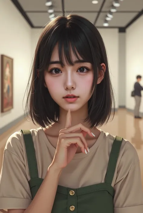 Japanese women, One person, Index finger raised to mouth, Straight hair to the shoulders, 8k, Realism, (Ultra-high resolution;1.4), {Photorealistic:1.4}, The location is a museum, The outfit is cute